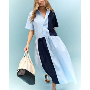Plan C Blue Colorblock Shirt Midi Dress XS Cotton Oversized Designer $385